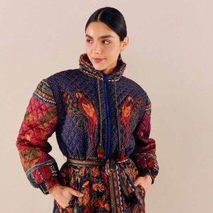 Farm Rio  Mixed Patchwork Midi Reversible Puffer Jacket